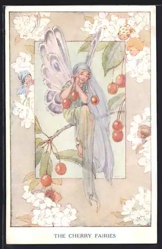 Künstler-AK Margaret W. Tarrant: Kleine süsse Elfe auf einem Kirschbaum