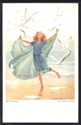 Künstler-AK sign. M. W. Tarrant: Der Wünsche Flug, Kind und Möwen