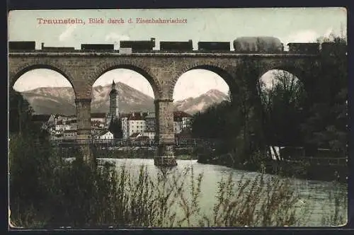 AK Traunstein, Blick durch d. Eisenbahnviadukt