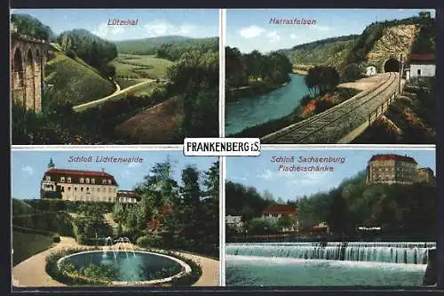 AK Frankenberg i. S., Schloss Sachsenburg und Gasthaus Fischerschänke, Schloss Lichtenwalde, Harrasfelsen