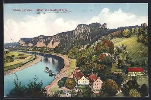 AK Rathen, Ortsansicht mit Bastei-Wände
