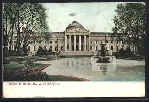 AK Wiesbaden, Neues Kurhaus mit Brunnen