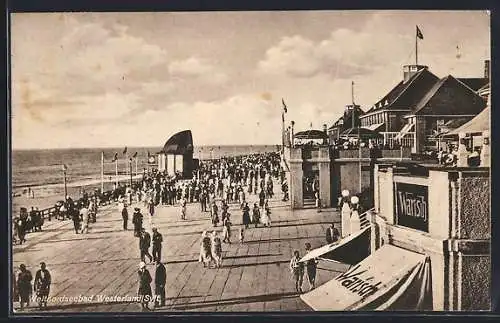AK Westerland /Sylt, Nordseebad, Strandpromenade mit Geschäft Warisch