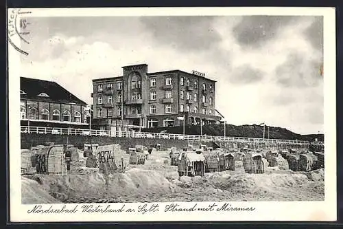 AK Westerland a. Sylt, Nordseebad, Strand mit Miramar