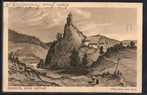 Künstler-AK Dietfurt /Donautal, Panorama mit Ruine