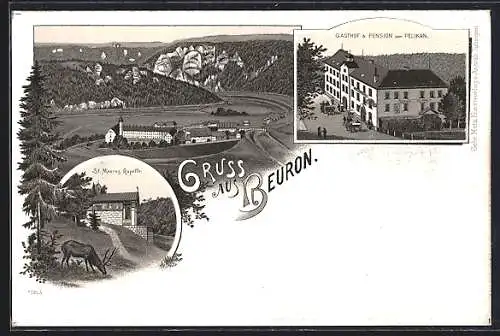 Lithographie Beuron, Gasthof und Pension zum Pelikan, Panorama mit Kloster, St. Maurus Kapelle