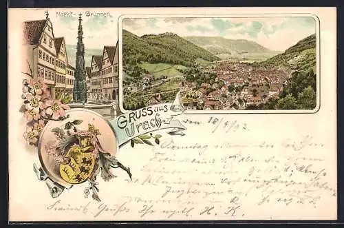 Lithographie Urach / Württbg., Markt-Brunnen, Wappen, Blick auf den Ort