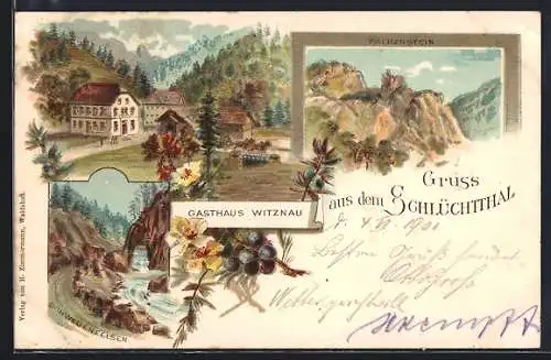 Lithographie Witznau, Gasthaus, Schwedenfelsen, Falkenstein