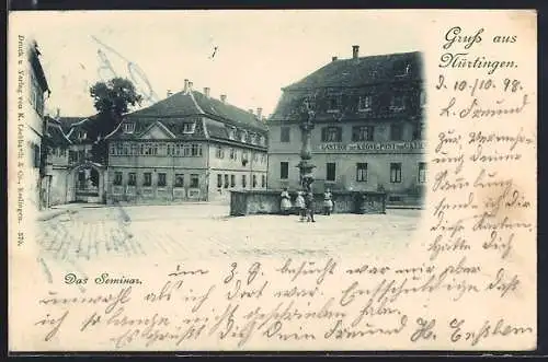 AK Nürtingen, Das Seminar nebst Gasthaus zur Krone-Post, Marktbrunnen