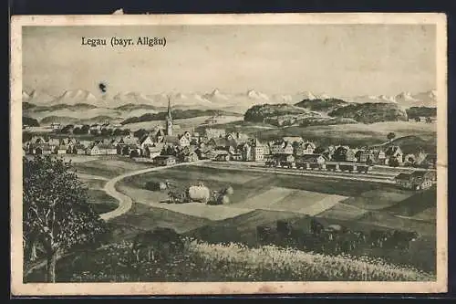 Künstler-AK Legau /Bayr. Allgäu, Teilansicht mit Kirche