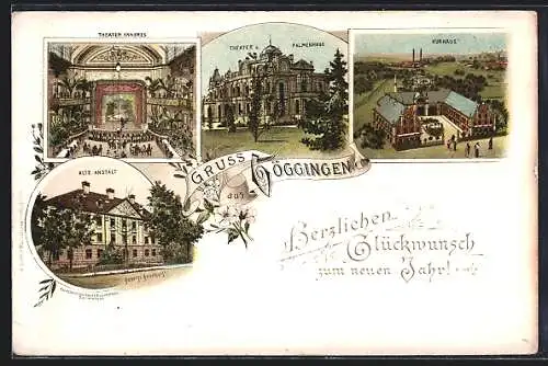 Lithographie Göggingen / Bay., Theater, Palmenhaus, Kurhaus
