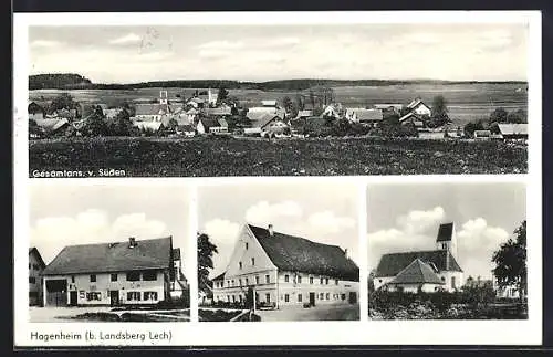 AK Hagenheim / Landsberg, Gasthaus, Geschäftshaus, Kirche, Gesamtansicht