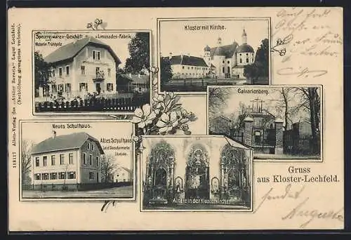 AK Kloster-Lechfeld, Specereiwaren-Geschäft und Limonaden-Fabrik Frühholz, Neues Schulhaus