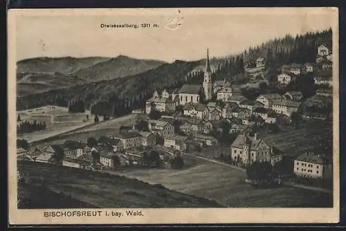 AK Bischofsreut i. bay. Wald, Ortsansicht gegen Dreisesselberg