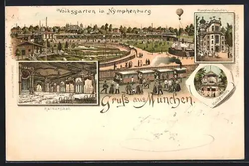 Lithographie München, Ballon, Volksgarten Nymphenburg, Kaisersaal, Hauptrestaurant, Musikpavillon, Bahn