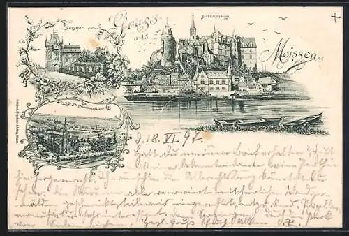 Lithographie Meissen, Albrechtsburg, Burgthor, Porzellanmanufaktur