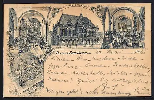 Lithographie Bremen, Innen- und Aussenansicht vom Ratskeller, Rathaus