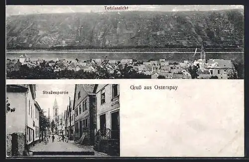 AK Osterspai, Strassenpartie im Ort mit Blick zur Kirche, Totalansicht