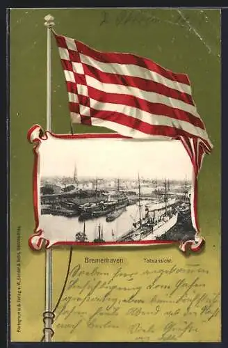 AK Bremerhaven, Totalansicht im Passepartout mit Flagge