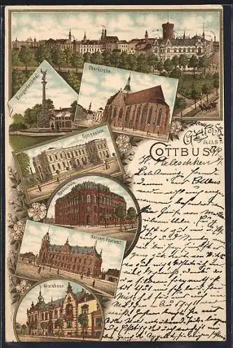 Lithographie Cottbus, Kaiserliches Postamt, Kreishaus, Oberkirche