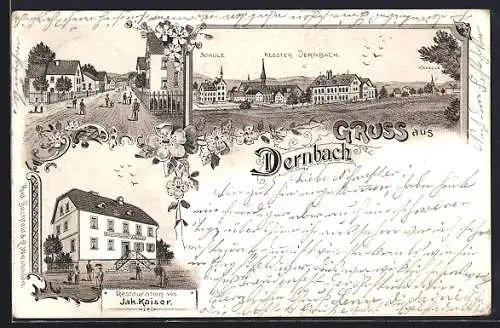 Lithographie Dernbach / Westerwald, Restaurant Jak. Kaiser, Kloster, Kapelle und Schule, Strassenpartie