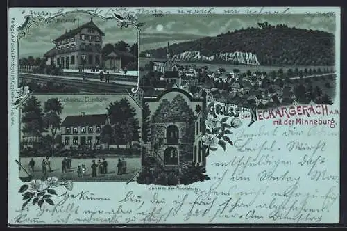Mondschein-Lithographie Neckargerach a. N., Gasthaus zur Eisenbahn, Bahnhof, Teilansicht mit der Minneburg