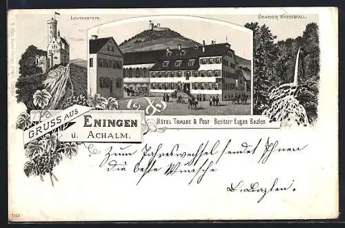 Lithographie Eningen u. Achalm, Hotel Traube & Post, Lichtenstein, Uracher Wasserfall