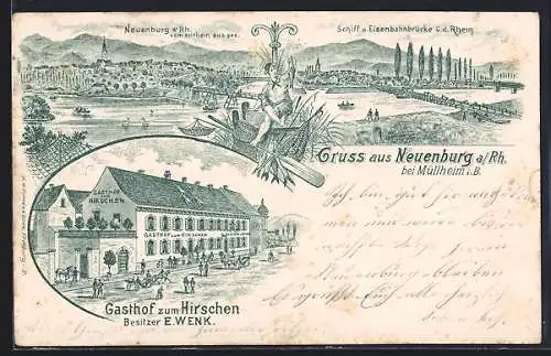 Lithographie Neuenburg / Rhein, Gasthof zum Hirschen, Schiff und Eisenbahnbrücke