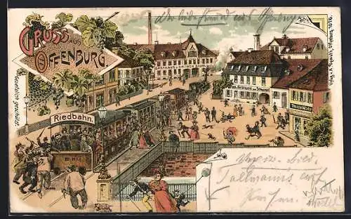 Lithographie Offenburg, Gasthaus zum grünen Baum und Gasthof-Brauerei zum Schwanen mit Riedbahn