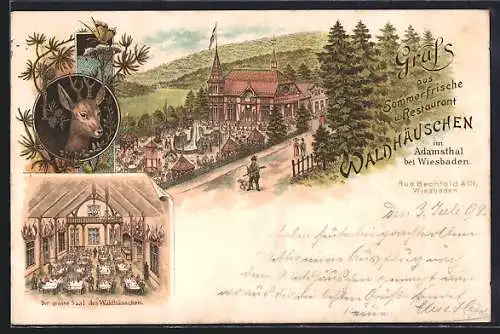 Lithographie Wiesbaden, Gasthof Waldhäuschen R. Bechtold im Adamsthal mit Garten, Strasse und Saal, Rehbock