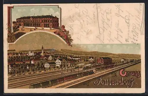 Lithographie Aulendorf, Ortsansicht mit Bahnhof und Gebäudeansicht