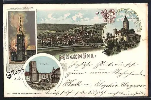 Lithographie Möckmühl, Brand der Kirche 1898, Götzenburg, Brandstätte