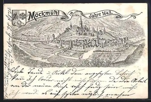 Lithographie Möckmühl, Teilansicht mit Schloss im Jahre 1643, Wappen