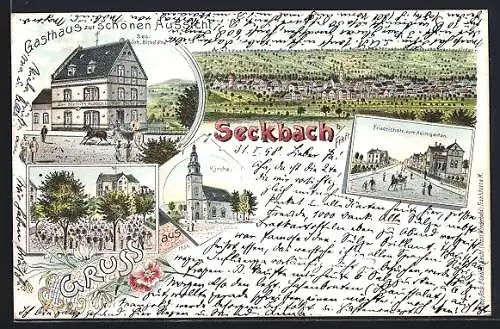 Lithographie Frankfurt-Seckbach, Gasthaus zur schönen Aussicht, Kirche, Friedrichstrasse vom Heimgarten