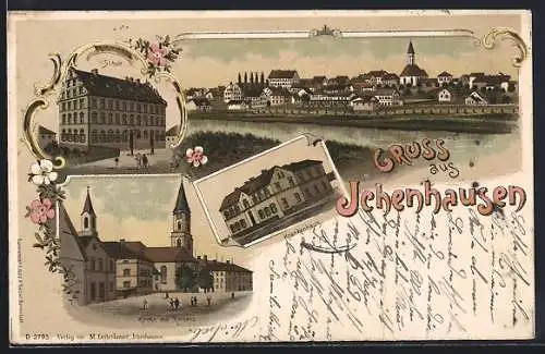 Lithographie Ichenhausen, Schule, Kirche mit Rathaus, Krankenhaus, Totalansicht