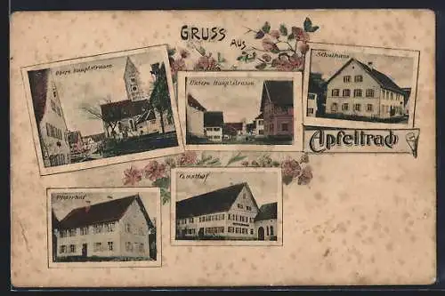 AK Apfeltrach, Gasthof, Obere Hauptstrasse mit Kirche, Pfarrhof