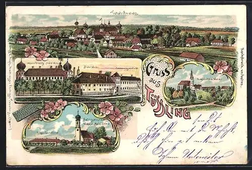 Lithographie Tüssling, Brauerei Brauhaus, Oekonomiegebäude und Schloss Tüssling Süd-Ansciht, Burgkirchen a. Wald