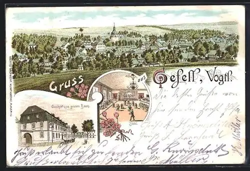 Lithographie Gefell /Vogtl., Gasthof zum grünen Baum, Inneres Saal, Teilansicht