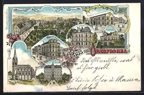 Lithographie Oberfrohna, Restaurant zur Post, Gasthof Rautenkranz, Cafe Röder