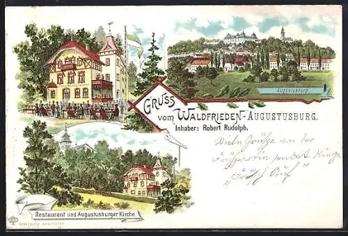 Lithographie Augustusburg, Restaurant Waldfrieden, Augustusburger Kirche, Teilansicht mit Schloss