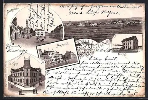 Lithographie Hartha / Sachsen, Bürgerschule, Post. Bahnhof