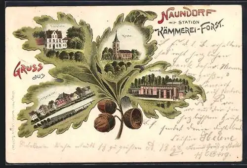 Passepartout-Lithographie Naundorf / Eilenburg, Bahnhof, Försterei, Kirche, Station Kämmerei-Forst