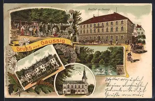 Lithographie Gaussig, Gasthof zu Gaussig, Garten, Schloss