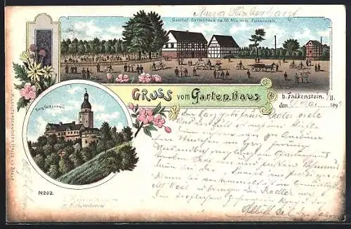 Lithographie Falkenstein / Selketal, Gasthof Gartenhaus, Burg Falkenstein