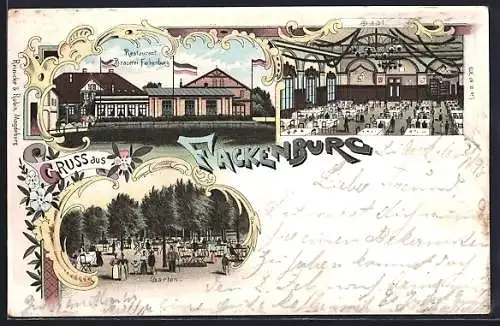 Lithographie Lübeck-Fackenburg, Restaurant und Brauerei Fackenburg, Garten, Saal