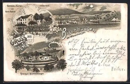 Lithographie Bischhausen / Eschwege, Gartenrestaurant von Herm. Kolbitz, Rittergut, Teilansicht bei Mondschein