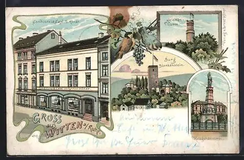 Lithographie Witten a. Ruhr, Konditorei & Cafe E. Höner, Burg Blankenstein, Helenen-Turm