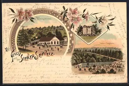 Lithographie Bielefeld /Sieker Schweiz, Gasthof Waldkrug v. Ad. Sauss, Garten und Kegelbahn, Verlobungsstein