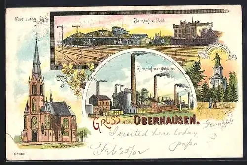 Lithographie Oberhausen / Rheinland, Bahnhof & Post, Gute Hoffnungshütte, Neue evang. Kirche, Krieger-Denkmal