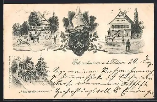 Lithographie Scharnhausen a. d. Fildern, Strassenpartie mit Tränke, Postkutsche